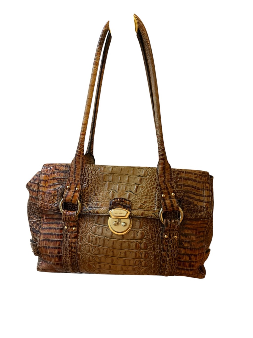 Brown Croc-Embossed Leather Shoulder Bag with Gold Lock Brahmin